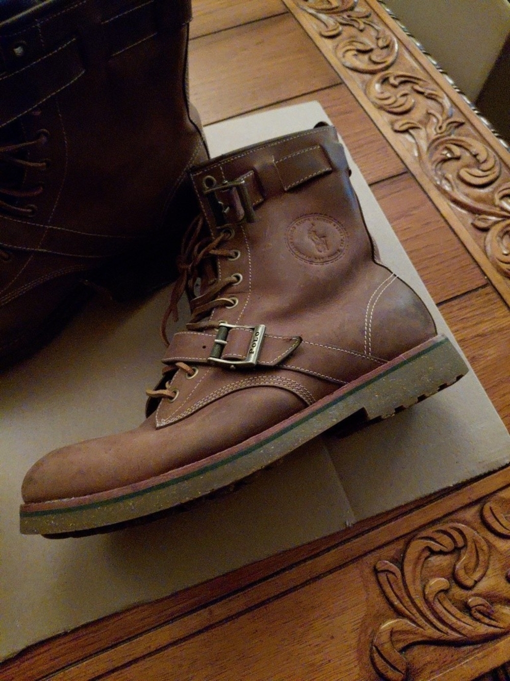 Brown Leather Lace-Up Combat Boot with Buckle
